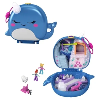 Image of Polly Pocket Freezin&#039; Fun Narwhal Compact with Reveals, Micro and Lila Dolls, Husky Dog &amp; Sled, Polar Bear Figure Sticker Sheet; For Ages 4 Years Old Up, GKJ52