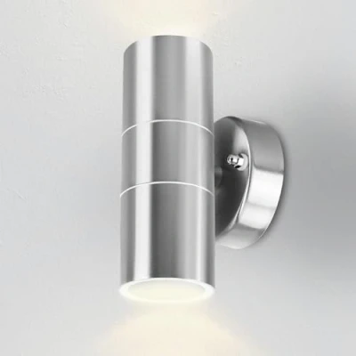 Image of Kerry Outdoor Wall Lights, LED Up Down Mains Powered Lighting, Silver Stainless Steel IP44 Waterproof, Exterior Sconce for Indoor, Front Door, Patio, Hallway, Porch, Garden, Garage, Post