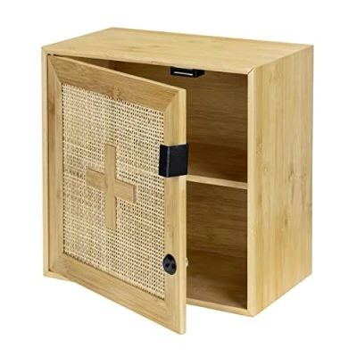 Image of WENKO Allegre Medication Cabinet Lockable Bamboo and Rattan Weave in Boho Style, Includes Mounting Material, 30 x 17.8 cm, Natural, 17,8 cm