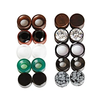 Image of TBOSEN 20 pcs Set Mixed Stone Ear Plugs Wood Tunnels Double Flare Saddle Stretching Gauges Expander Body Piercing Gauge 6mm 16mm