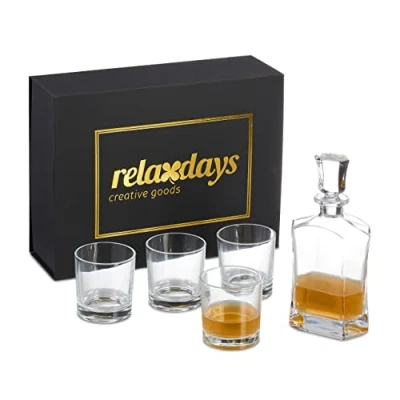 Image of Relaxdays Set, 5 Piece, Whisky Carafe 700 ml, 4 Glasses 345 Gift Box, Cognac Decanter, Transparent