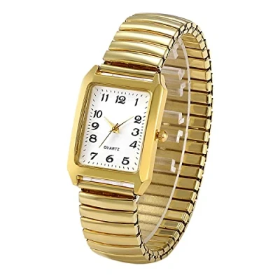 Image of JewelryWe Women&#039;s Ultra Thin Easy Reader Watch with Elastic Strap, Golden/Silver Watch, for Mothers Day, square gold&amp;silver