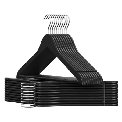 Image of SONGMICS Wooden Hangers, Set of 30, Slim Notches in the Shoulder Area, Trouser 360 Rotating Hook, Birch Wood, for Straps and Jackets, Ink Black CRW030B01