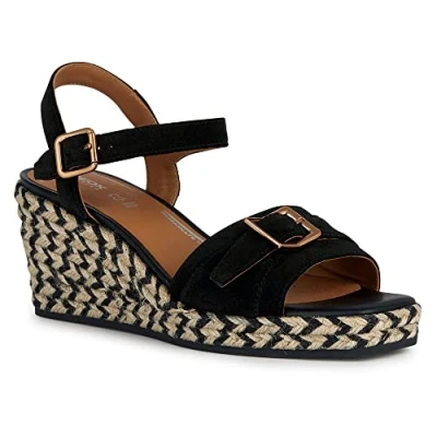 Image of Geox Women&#039;s D Gelsa Espadrille Wedge Sandal, Black, 5.5 UK