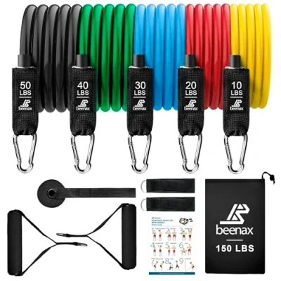 Image of Beenax Resistance Bands Set with Handles Heavy Duty 12pcs Exercise Bands, Up to 150/200/250 LBS Fitness Training Tubes for Home, Gym, Physio Large Handles, Ankle Straps, Door Anchor, Carry Bag