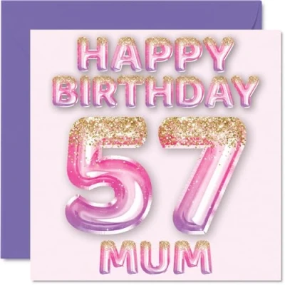 Image of 57th Birthday Card for Mum Pink &amp; Purple Glitter Balloons Happy Cards 57 Year Old Mother from Son Daughter, 145mm x Bday Greeting Gift