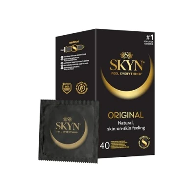 Image of SKYN Original Condoms Pack of 40 SKYNFEEL Latex Free for Men, Regular Size Condoms, Strong &amp; Thin Smooth Straight Shape, Lubricated, 53mm Wide