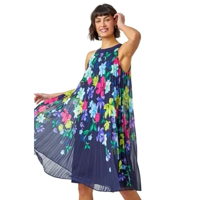 Image of Roman Womens Halter Neck Floral Pleated Swing Dress Navy Size 10 UK
