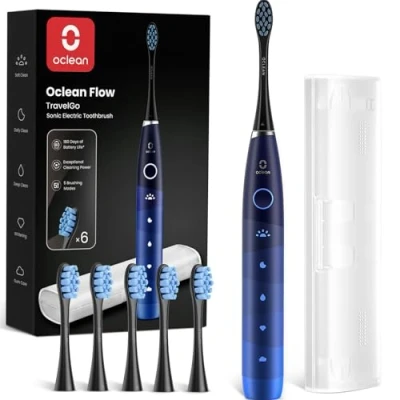 Image of Oclean Sonic Electric Toothbrush TravelGo FlowSet, 180 Days Battery Life, 76000 VPM Motor, 5 Modes, Waterproof, USB C Rechargeable, 6 Replacement Heads &amp; Travel Case, Eco Friendly Packaging, Blue