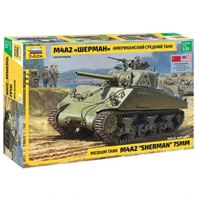 Image of Zvezda 530003702 1:35 M4A2 Sherman (75 mm) Medium US WWII Model Kit, Plastic Construction Assembly Kit for Assembly, Detailed Replica