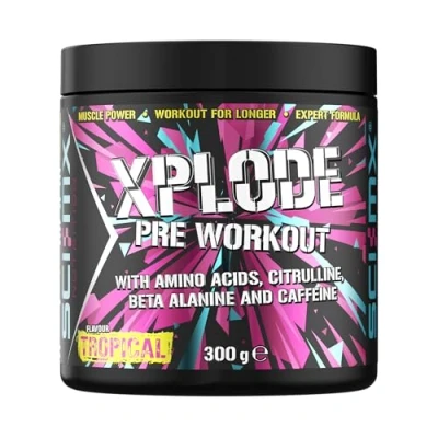 Image of SCI MX X PLODE Pre Workout 300g Tropical Flavour 250mg Caffeine, 6g Citrulline Malate, 3.2g Beta Alanine / serving Suitable for Vegetarians + Vegans