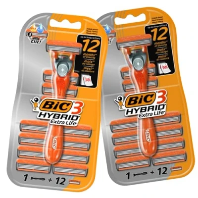 Image of Bic 3 Hybrid Extra Life, 2 Handles + 24 Refills, Razor Blades, Men’s Triple Blade Razors, Shaving Wet Disposable Razors for Men, Beard Shaver, by TradeProvider® (24 Refill Handles)