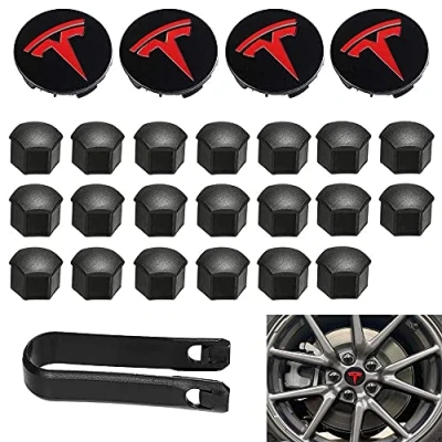 Image of Aero Wheel Cap Kit,Wheel Lug Nut Covers Model 3 kit with Tesla Logo Hub Center Cover Caps For Y (Red)