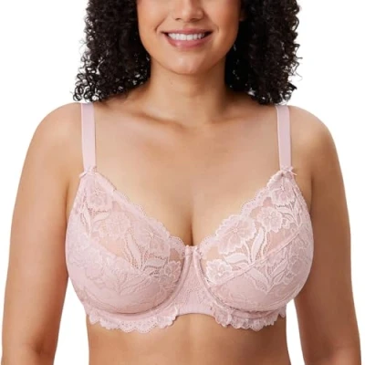 Image of Delimira Women&#039;s Full Coverage Non Foam Floral Lace Plus Size Underwired Bra Gentle Rose 36D