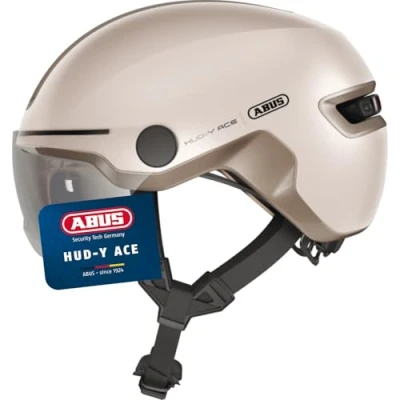 Image of ABUS HUD Y ACE city helmet stylish bike with visor and magnetic, rechargeable rear LED light for men women beige, size L
