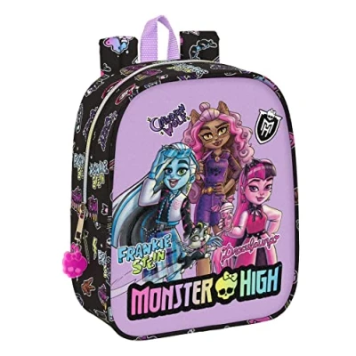 Image of SAFTA Monster High Children&#039;s Backpack, School Adaptable to Cart, Ideal for Nursery, Comfortable and Versatile, Quality Strength, 22 x 10 27 cm, Black, Black/White, Estándar, Casual