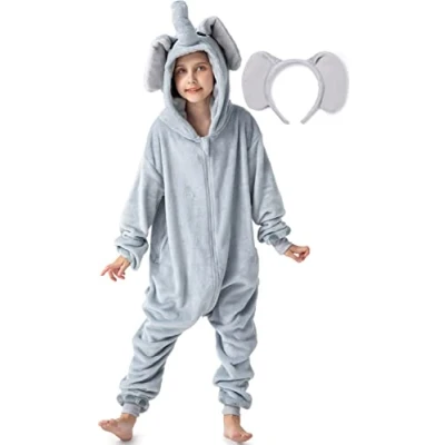 Image of corimori Fluffy Elephant Costume for Children with Headband Carnival Fancy Dress Onesie Girls Boys Height 130 150 cm