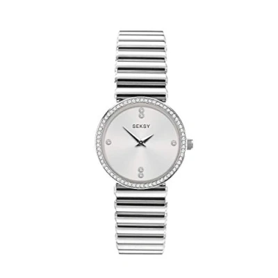 Image of Seksy Classic Womens 28mm Quartz Watch in White with Analogue Display, and Silver Stainless Steel Strap 40044.