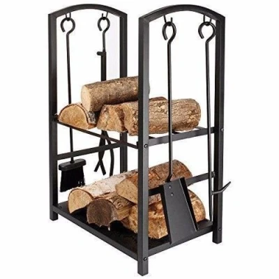 Image of Homezone® Firewood Log Rack Stylish Alloy Steel Weather Resistant Metal Storage Fireplace Wood Stacking Holder for Indoor Outdoor Use Sturdy Stand with Tools Accessories