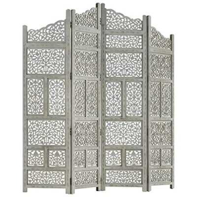 Image of Keketa Hand carved Panel Screen with 4 Panels, Folding Room Divider, Wooden Partitions Indoor Outdoor Bedroom Office Patio Privacy Grey 160x165 cm Solid Mango Wood