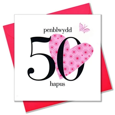Image of Claire Giles Hearts and Stars Welsh Penblwydd Hapus Happy 40th Birthday Card Pink