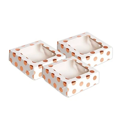 Image of Anniversary House 3 pack Small Treat Boxes, Rose Gold Polka Dot Foil Print, Cookie Box, 3.8 x 11.4 11.4CM, J107