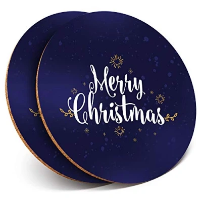 Image of 2 x Round Coasters Dark Blue Merry Christmas Festive Cork Backed Home Kitchen Accessory Tea Coffee Mug Mat #21863