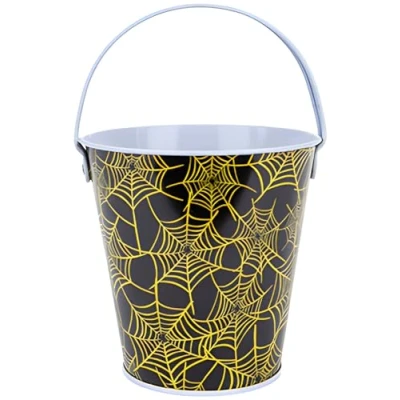 Image of Halloween Sweet Bucket Kids Mini Trick or Treating Carrying Tin Basket with Carry Handle (Spider Webs)