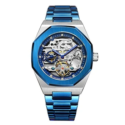Image of Tourbillon Design Men&#039;s Analog Automatic Stainless Steel Wrist Watch Mechanical Skeleton Male Clock (Blue)
