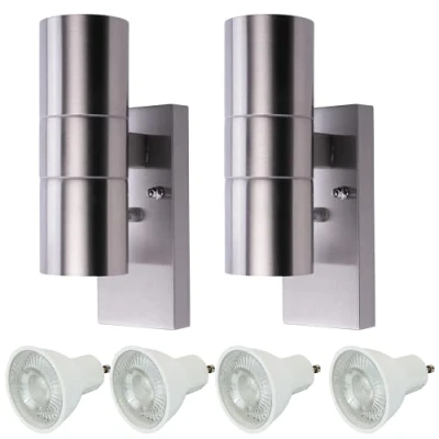 Image of Hispec LED GU10 Indoor Outdoor Lighting: Dusk Till Dawn Up and Down Wall Mounted Outside Patio Light with Photocell Sensor: IP44: Stainless Steel: Twin Pack 4 Bulbs