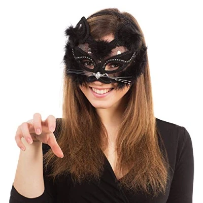 Image of Bristol Novelty Transparent Cat Eye Mask on Headband, PET, Polyester, Acrylic Stone, Feather, Steel Sheet, Black, One Size