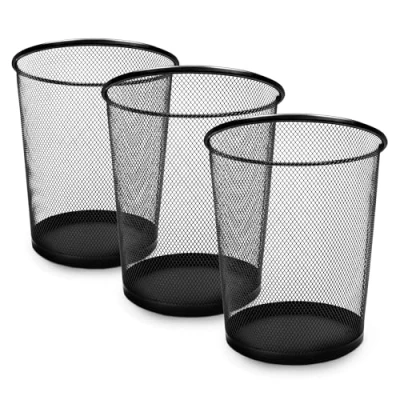 Image of KEPLIN Round Trash Can 3 Pack Black Non slip Mesh Bin, Stylish &amp; Sturdy Metal Waste Paper Bin for Home, Bedroom, Office, Bathroom, Living Room Kitchen Indoor Garbage with Sleek Design