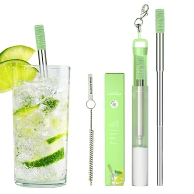 Image of Reusable Stainless Steel Drinking Straws Telescopic Metal Pocket Straw Set with Case and Cleaning Brush for Travel