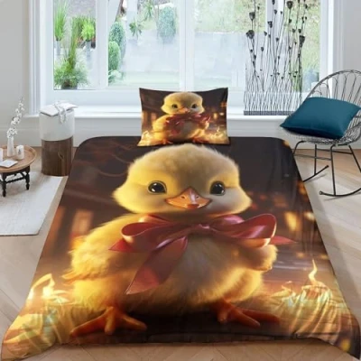 Image of GEEYOU Cute Duck Comfortable Duvet Cover Set Luxe Poultry Quilt Hidden Zipper with Pillowcases Comforter Soft Microfiber Washable Bedding Single（135x200cm）