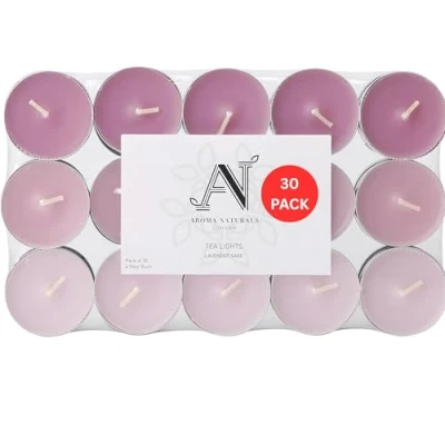Image of Aroma Naturals London Scented Tealight Candles Bag 4 Hour Burn Time Standard Size D3.77 x H1.45cm Three Tone Coloured Wax &amp; Aluminium Cups Pack of 30 Tea Lights Scent (Lavender Sage)