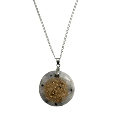 Image of VIE Disc Pendant with Flower of Life Design, 3cm (Rainbow Moonstone)