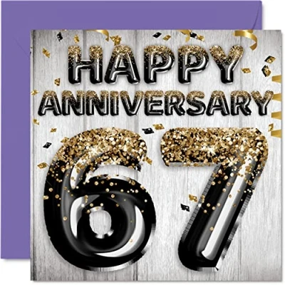 Image of Awesome 67th Anniversary Card for Husband Boyfriend Wife Girlfriend Black Gold Glitter Balloons Happy 67 Cards from Family, 145mm x Greeting Sixty Seventh Anniversaries