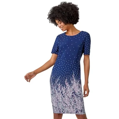 Image of Roman Originals Women Floral Print Shift Dress Ladies Textured Bodycon Work Smart Office Business Occasion Pencil Fitted Tight Tailored Short Sleeve Round Crew Neck Navy Pink Size 10