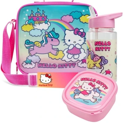 Image of Get Trend Hello Kitty Lunch Bag Set for Kids Kawaii 3 Pcs with Snack Box BPA Free 400ml Water Bottle Insulated Travel Picnic Nursery School Supplies (Hello Kitty)