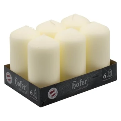 Image of Hofer Unscented Pillar Candles Ivory 60 x 120 mm Set of 6 Decorative 39 Hours Long Burning Time Dripless Smokeless RAL Quality Made in Austria