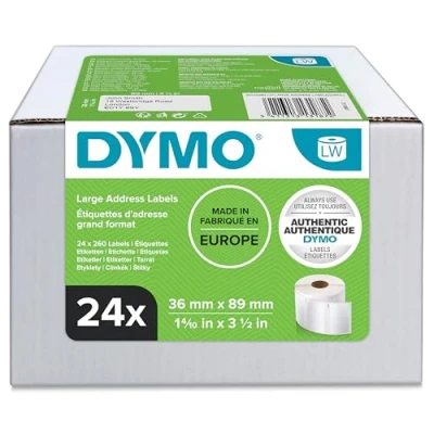 Image of DYMO Authentic LabelWriter Large Address Labels, 36mm x 89mm, 24 Rolls of 260 Easy Peel Labels (6240 Labels), Self Adhesive, for Label Makers