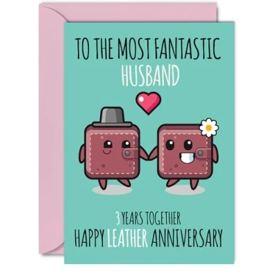 Image of Cute Leather Anniversary Card for Husband 3 Years Together Happy 3rd Wedding Cards from Wife, A5 Greeting Third Anniversaries