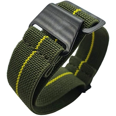 Image of Max French Marine Nationale Elastic Nylon Navy Divers Parachute Watch Straps 20mm 22mm Military Bands (20mm, Green/Yellow PVD)