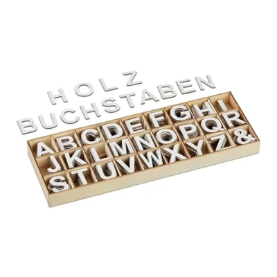 Image of Relaxdays Wooden Letters Set, 324 pcs, Uppercase A Z, &amp; signs, Convenient Storage Box, Characters, Decoration, White, Wood, 2.5 x 10.5 30 cm