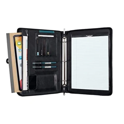 Image of Leather Writing Case for Women, Conference Folder A4 with Ring Binder, Vegan Business File Zip, Black