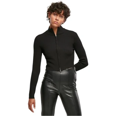 Image of Urban Classics Women&#039;s Ladies Cropped Rib Knit Zip Cardigan Sweater, Black, S
