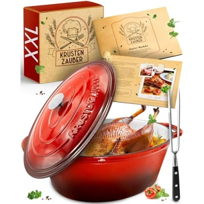 Image of KRUSTENZAUBER 10L Oval Cast Iron Roasting Dish with Lid, Red, Enamel, Induction, 37.5x29.3x15cm, 8.5kg, XXL Casserole Pot for Goose, Duck, Turkey, Bread