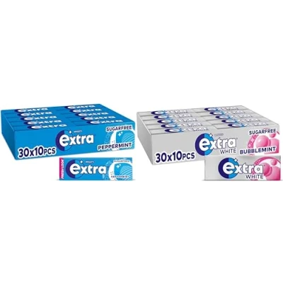 Image of Extra Peppermint 10 Piece 30 Pack and Bubblemint Pack, Freshens Breath, with Xylitol, Helps Oral Hygiene for Healthy Teeth Gums (60 Packs)