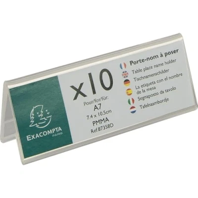 Image of Exacompta Ref 87358D Name Tag Display Stand Suitable for A7 Paper Folded Landscape, Made from PMMA (Acrylic) Material Clear Transparent (Pack of 10)