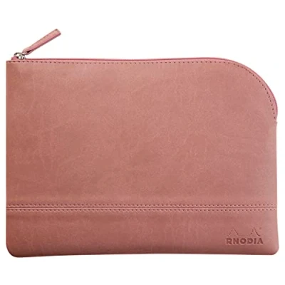Image of RHODIA 116729C Faux Leather Zipped Pouch Rosewood Size L (21x28 cm) Real Stitching Orange Fabric Interior Storage for Documents, Small Supplies